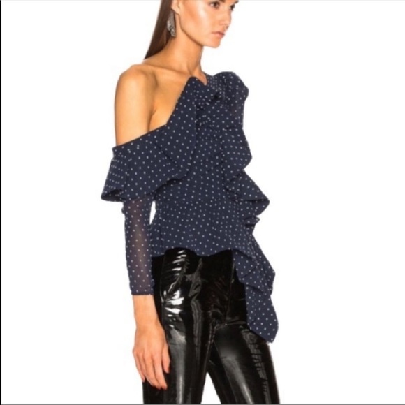 Self-Portrait Plumetis Frill One Shoulder Blouse Navy Blue Polka Dot Size 6 - Picture 4 of 16